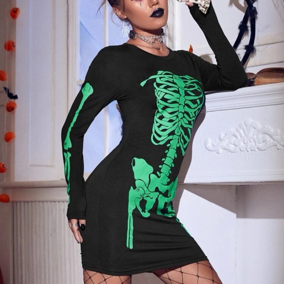 Neon green skeleton bones Bodycon stretchy dress Halloween black light resistant - Picture 3 of 14